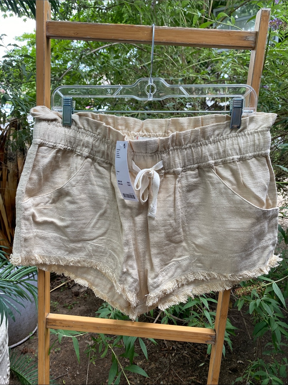 BDG Natural Beige Frayed Hem Drawstring Shorts